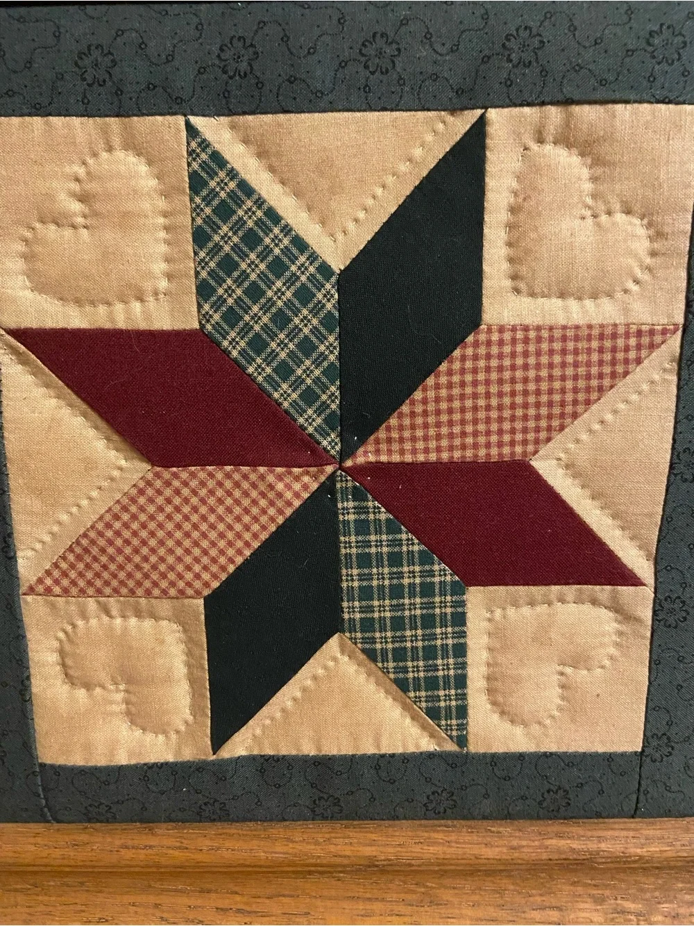 Star Quilt Block Wall Art in Burgundy, Navy & Tan.